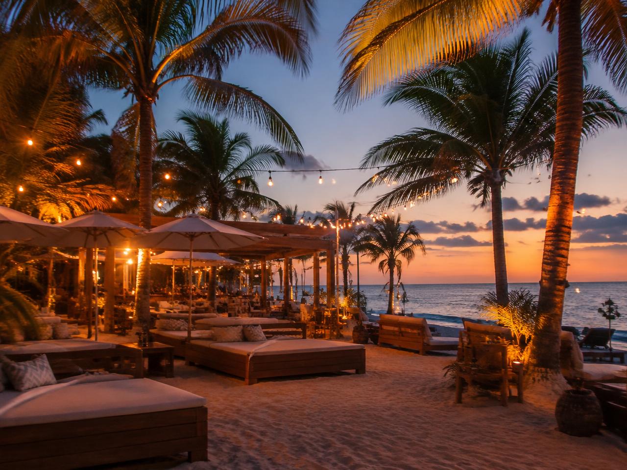 Beach club with daybeds and string lights at dusk