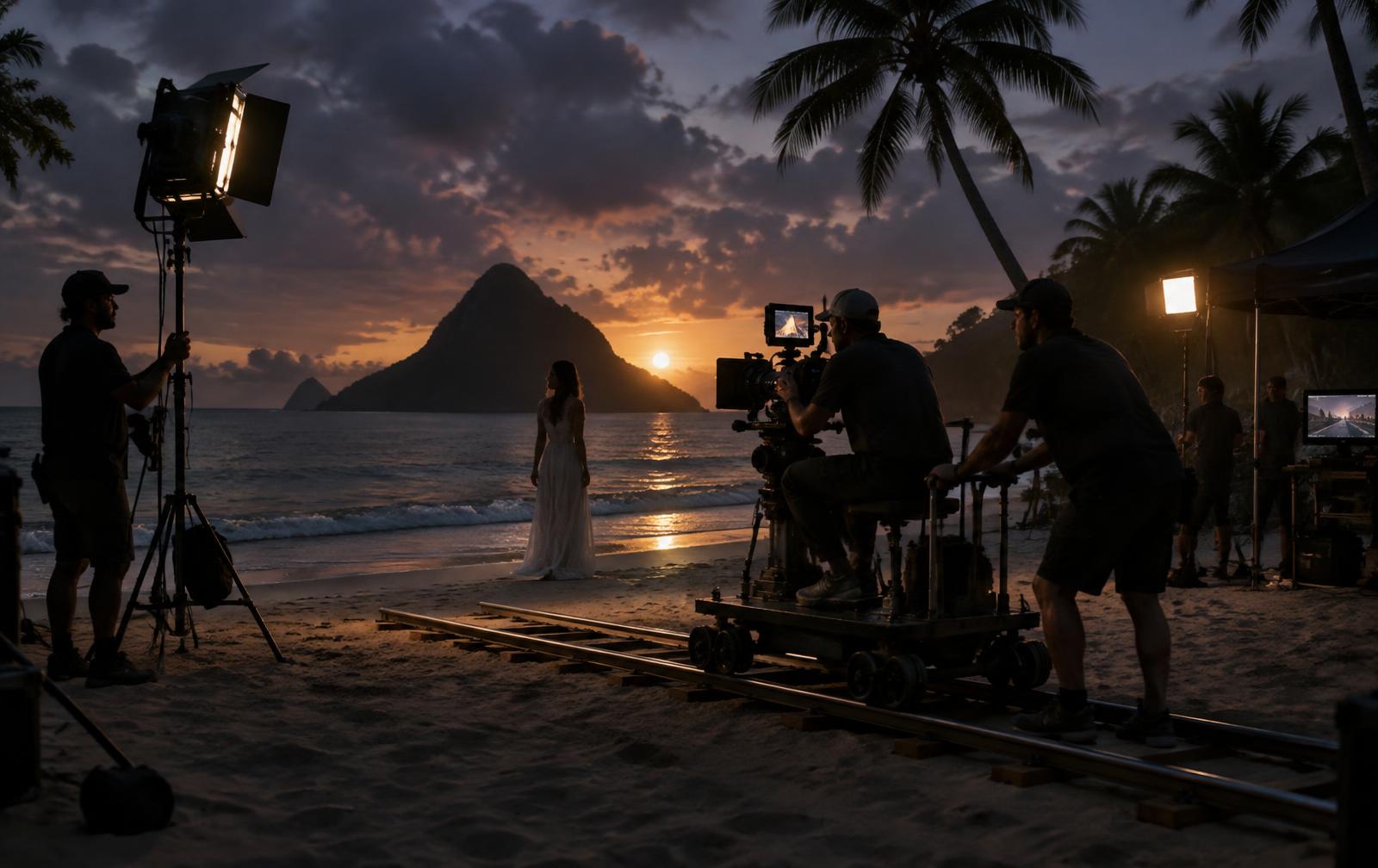 Film crew shooting on a Caribbean beach at dusk