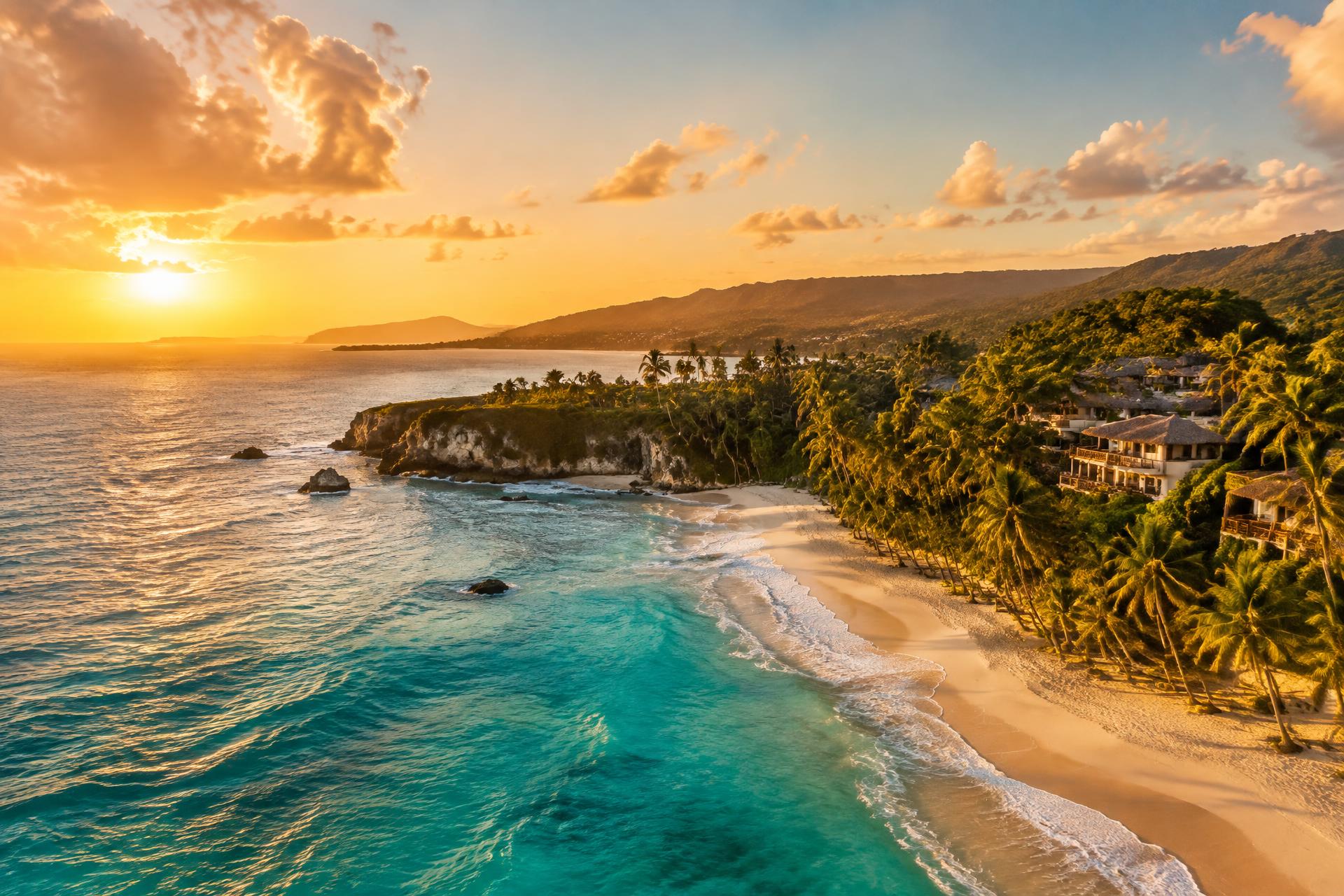 Aerial view of a palm-lined Dominican Republic coastline at golden hour