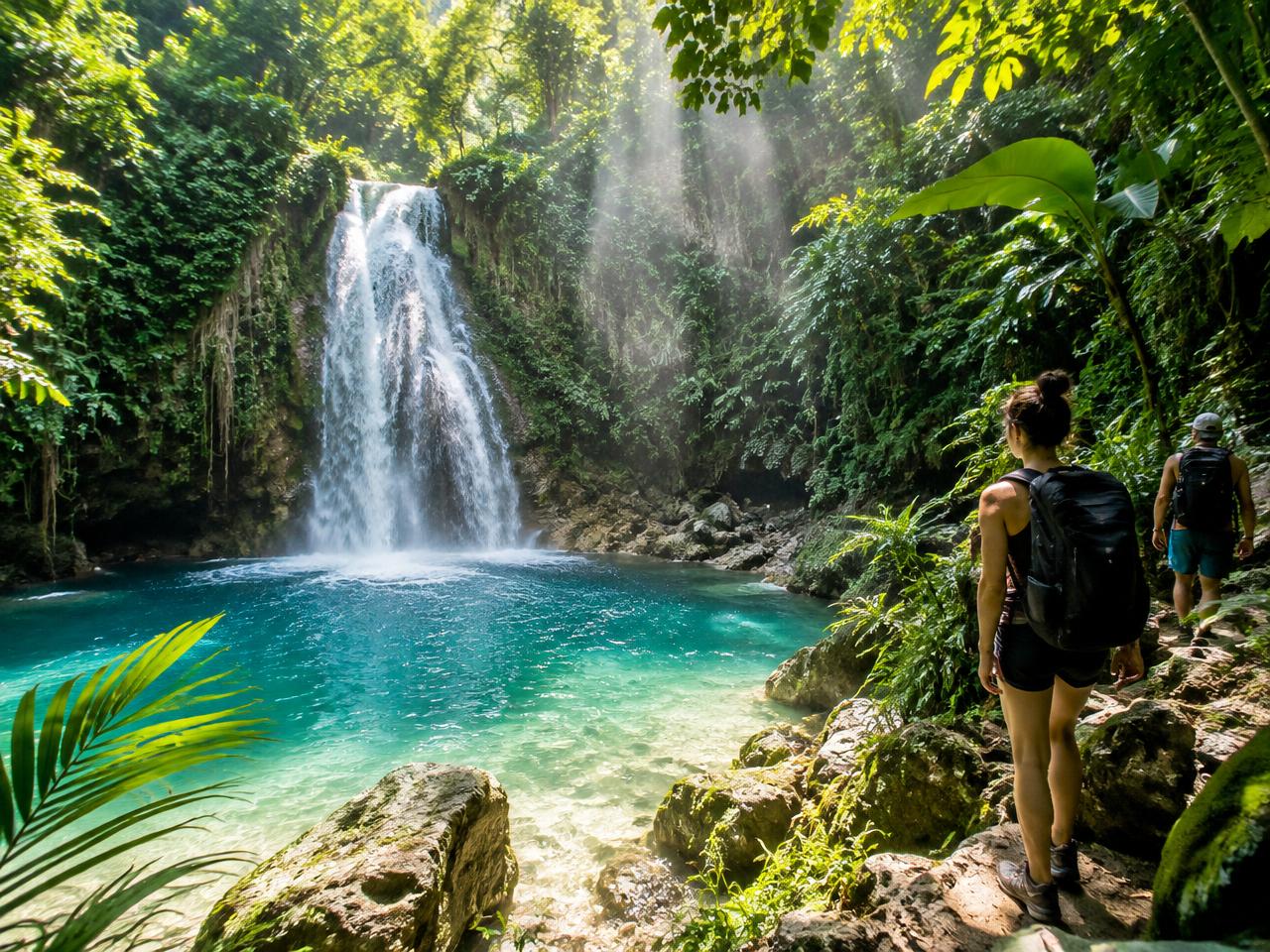 Jungle waterfall falling into a turquoise pool