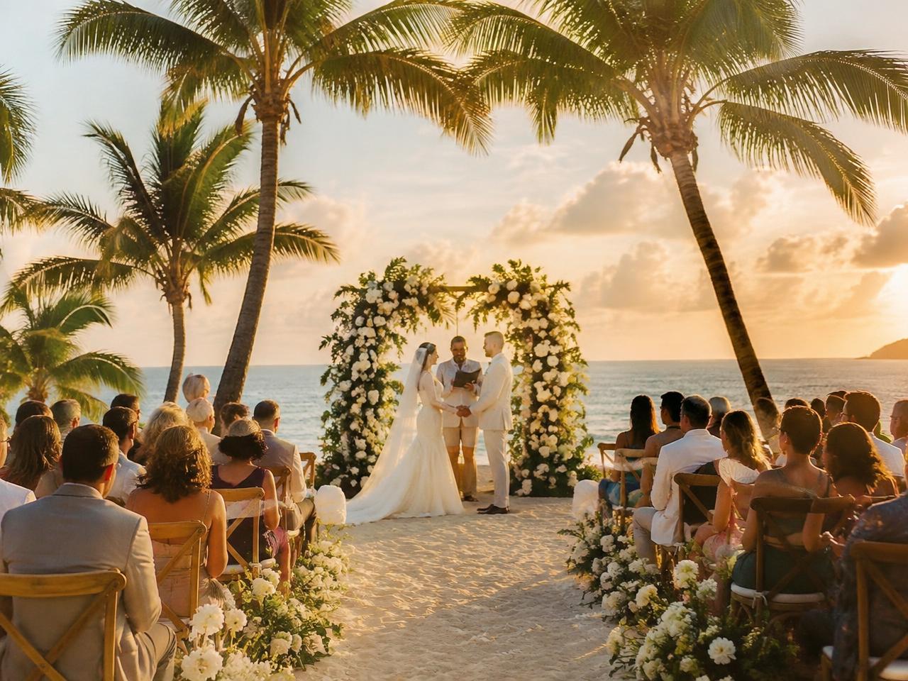 Beach wedding ceremony under palm trees at golden hour