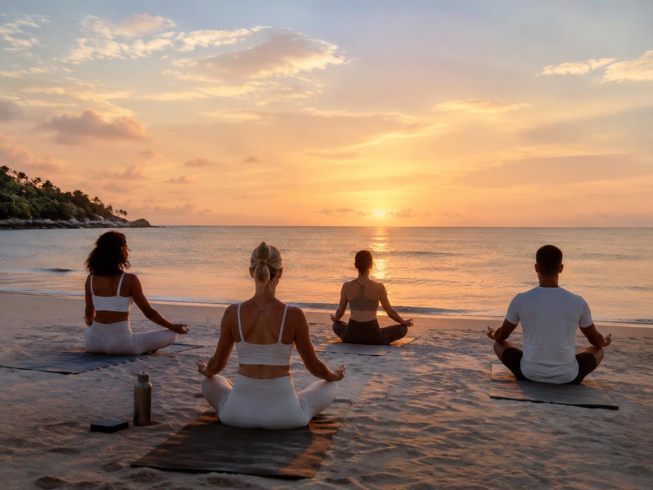 Sunrise yoga session on a Caribbean beach