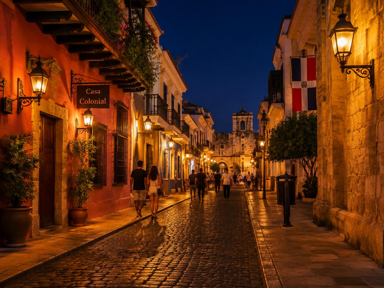 Lantern-lit colonial street in Santo Domingo at night